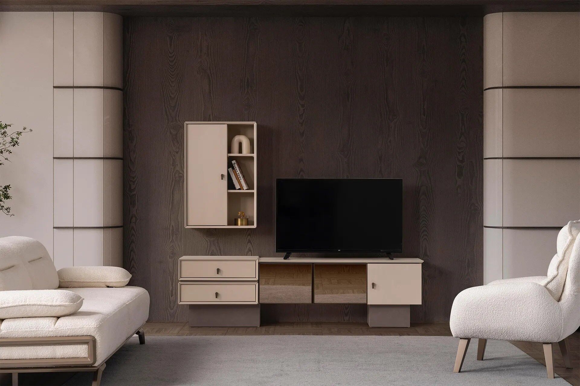 Loft TV Ünitesi - Şık ve modern İnegöl Mobilyası tasarımı, fonksiyonel depolama alanlarıyla yaşam alanınıza estetik katıyor.